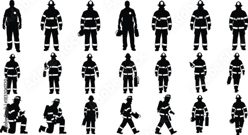 Vector firefighter and rescue worker silhouette collection, emergency services safety professional standing and walking poses set illustration on white.