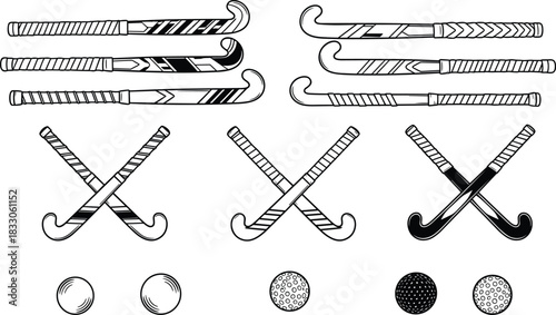 Vector field hockey stick and ball set, outline and black silhouette collection, sports game equipment for championship, league, and school design illustration.