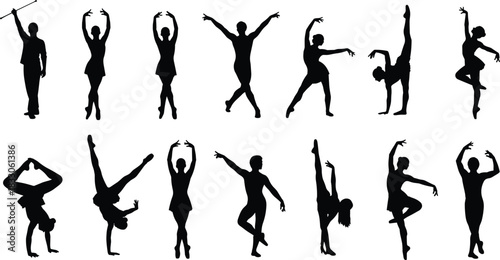 Vector gymnastics and ballet dancer silhouette set collection, female performers in various poses, including leaping, stretching, and handstand for dance