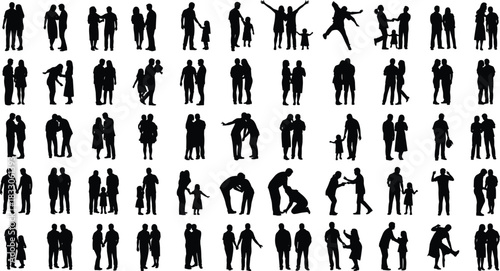 Vector large people silhouette set collection, diverse adults, couples, and family figures standing, walking, and interacting poses for graphic design.