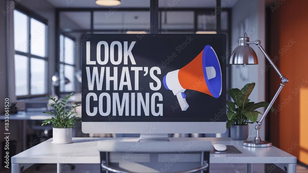 Naklejka premium LOOK WHAT’S COMING text with large colorful megaphone on desktop computer in bright modern office