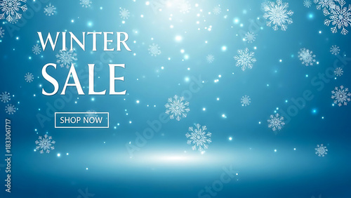 Winter sale announcement with falling snowflakes and soft blue light background