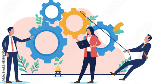 Business machine keep the wheels turning - Group of businesspeople working with cogwheels keeping process and project going together. Flat design vector illustration on white background.
