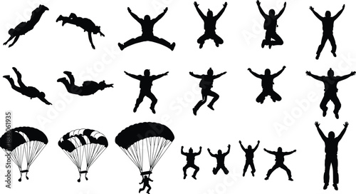 Vector skydiving and parachuting extreme sport silhouette collection, freefall skydiver jumping with open parachute and flying poses set illustration.