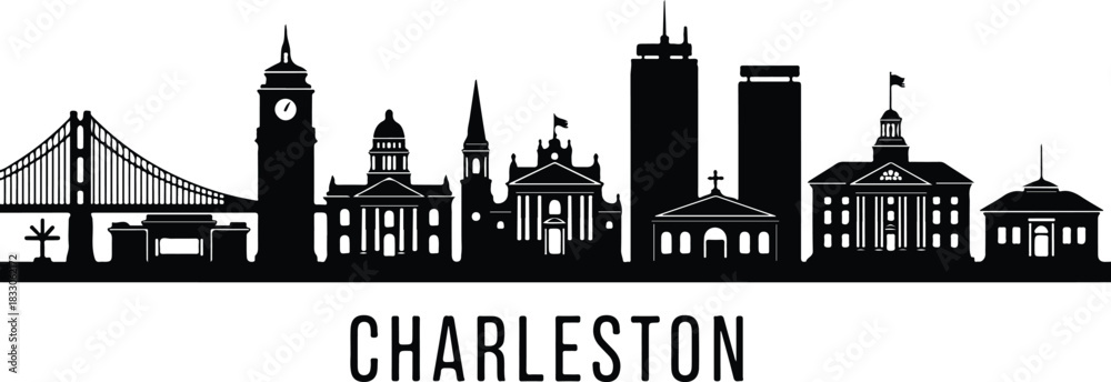 Naklejka premium Charleston south carolina skyline silhouette black and white