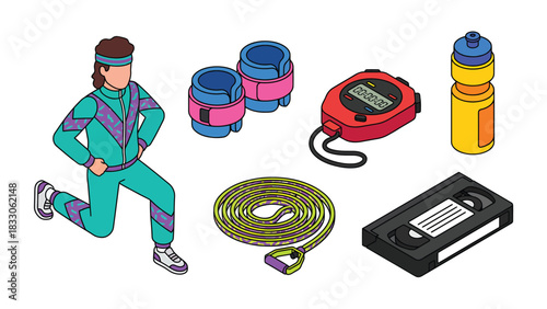 Retro Fitness Isometric Illustration: 80s & 90s Workout Gear
