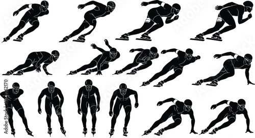 Vector speed skater silhouette collection, male athletes in different racing poses on ice, representing winter sports, fitness, and competition design
