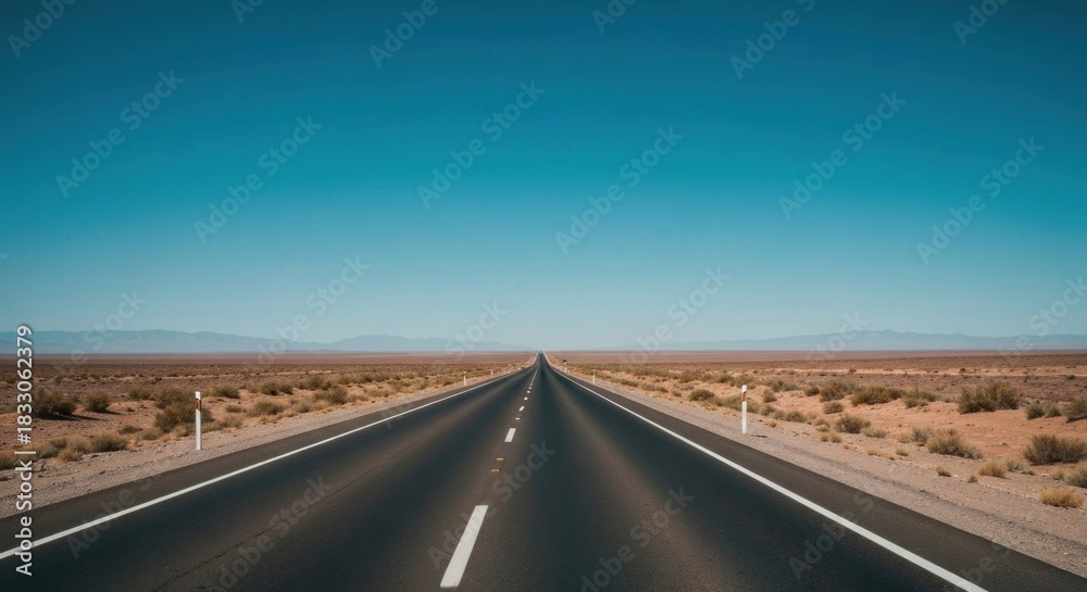 Fototapeta premium Empty highway stretches into a vast, arid landscape under a vibrant blue sky