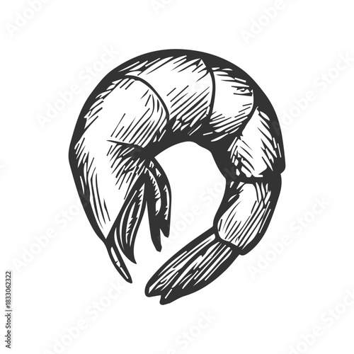 Shrimp sea food icon. Hand drawn engraved food sketch illustration.
