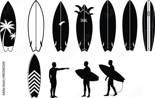 Vector surfboard and surfer silhouette collection, long and short boards with man standing and pointing poses for ocean water sport