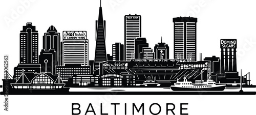 Baltimore city skyline with harbor and ships illustration
