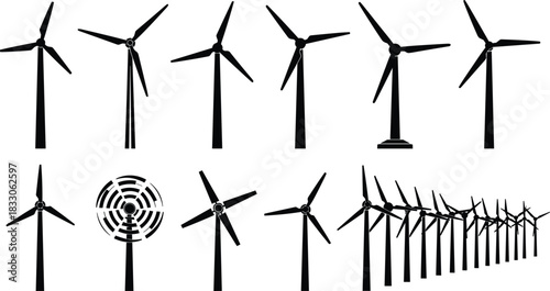 Vector wind turbine and generator silhouette collection, renewable energy technology power station set, propeller electricity mill for green energy design.
