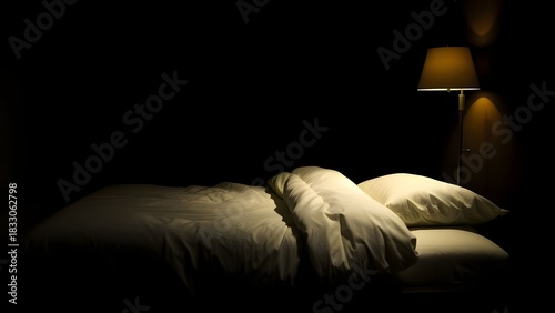  어두운 침실안 장스탠드 주황색 조명이 켜져 은은한 느낌Inside the dark bedroom, the orange light is on, so it feels subtle