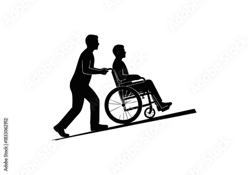 Person pushing another person in a wheelchair up a ramp, symbolizing accessibility and care