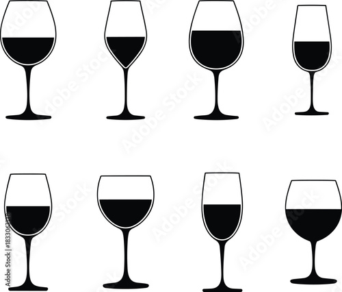 Wine glass silhouette set, drinking icons, alcohol symbols, stemware shapes, design collection, beverage illustration pack, бокалы, wine, champagne, goblet, bar elements vector