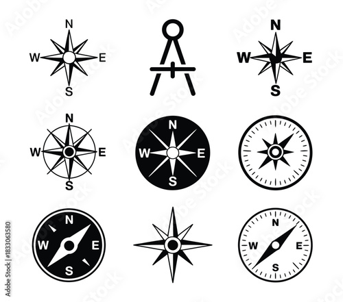 Collection of vintage and modern compass icons in black and white, designed for navigation, travel, exploration, and detailed map creation projects, 