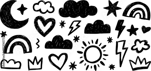 Black Hand Drawn Doodle Icons of Celestial Bodies and Weather Elements
