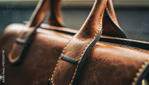 Closeup of Luxurious Brown Leather Handbag with Handles, Detailed Stitching, and Elegant Design.