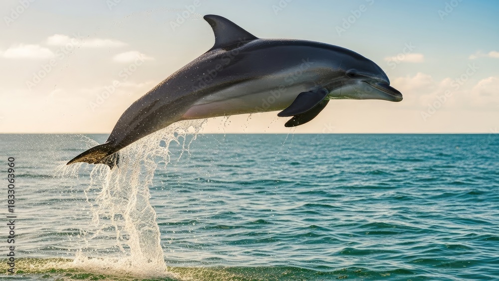 Fototapeta premium Dynamic dolphin jumping out of the clear blue ocean water, creating splashes, under a bright sky.