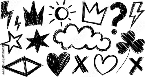 Black Hand Drawn Doodle Icons Set Lightning Bolt Crown Sun Cloud Star Heart