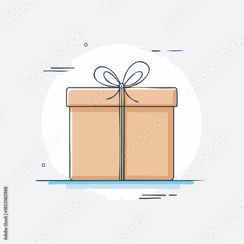Simple Flat Design of a Brown Gift Box with a White Ribbon Bow on a Light Blue Background and White Circle