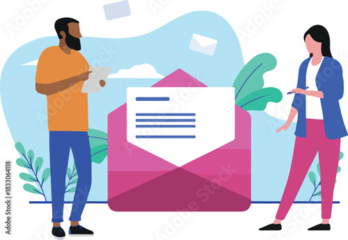  Business newsletter - Caucasian woman and ethnic man working on e-mail campaign for corporate business..