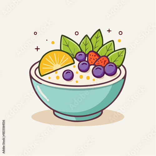 A Bowl of Oatmeal Topped With Fresh Berries and Orange Slice With A Sprig of Mint on a Light Background With Sparkles