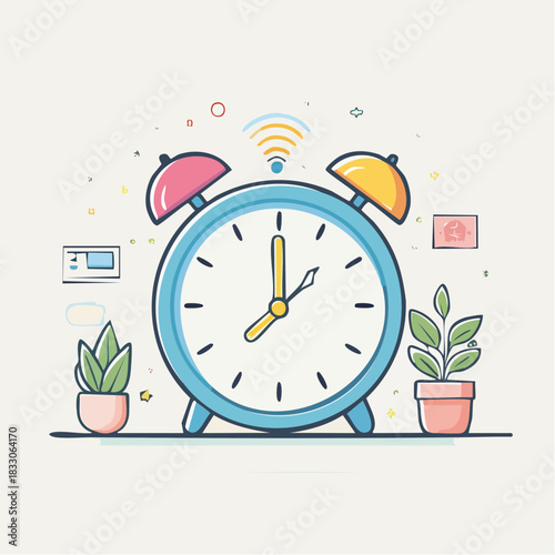 A Blue Analog Alarm Clock with Pink and Yellow Bells Sits on a Table Between Two Potted Plants with a Wi-Fi Signal Above its Head