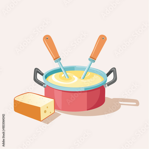 Warm Red Pot Filled With Creamy Yellow Cheese Fondue With Two Orange Handled Dipping Utensils And A Wedge Of Bread On A Light Pink Background With Soft Shadows