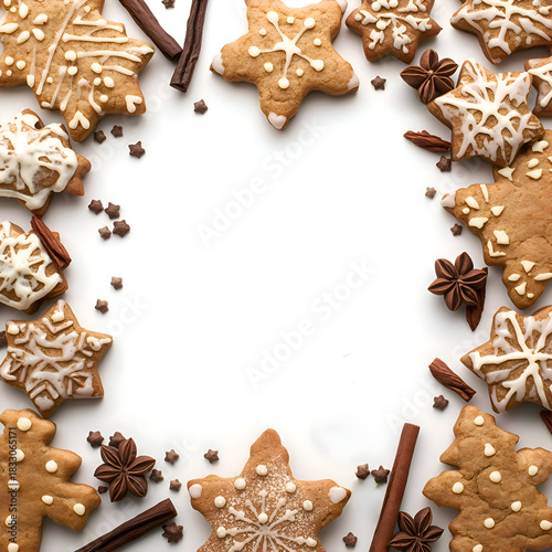 Joyful gingerbread cookies in star and tree shapes on top half of image creating frame. clean white background area in middle is perfect for text