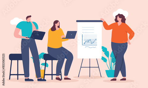 Business people in meeting working - Team of cartoon people in workshop with whiteboard, graph and charts contemplating and making project plan. Flat design vector illustration.