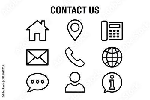 Contact us icon set in thin line style featuring home address symbols, location pins, phone and fax icons, email envelopes, website globes, chat bubbles, user profiles, 