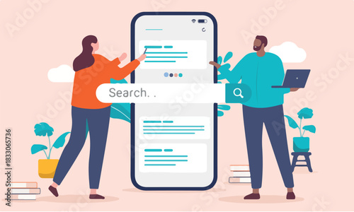 Business people online web search - Woman and man in office searching the internet and looking on search results on big mobile phone screen. Flat design vector illustration