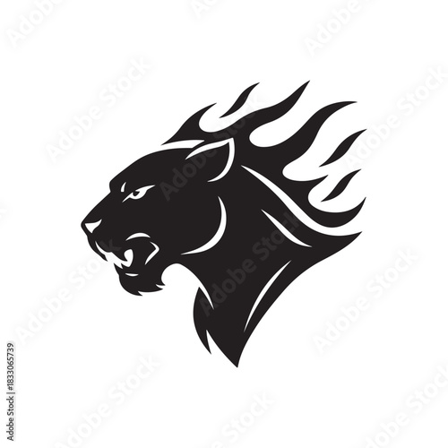 Fierce cat head with flowing mane formed by sharp curves.