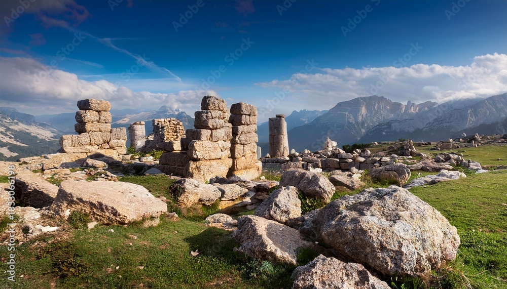 Naklejka premium ancient stone ruins with large rocks under mountain landscape