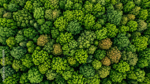 Vibrant green forest canopy seen from directly above