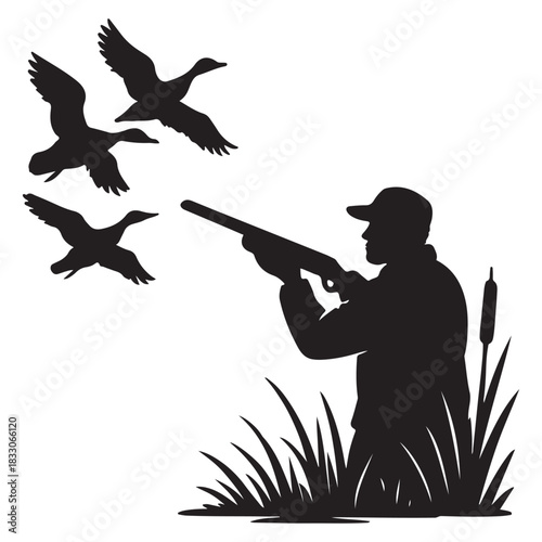 Hunter aiming at ducks among reeds during calm outdoor morning.