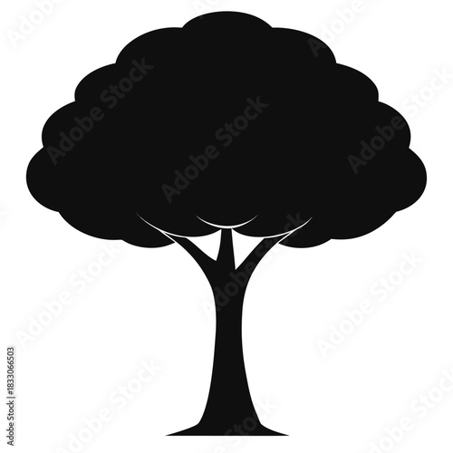 Simple solid tree silhouette with a rounded canopy isolated on white background