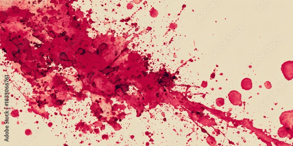 Naklejka premium Intense crimson liquid splatter radiates across a pale background surface.