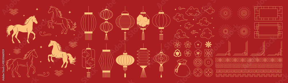 Fototapeta premium Chinese New Year 2026 vector illustration for Year of the Horse with gold line art horses, lanterns, lotus flowers, cloud symbols, geometric frames, round patterns and festive decorations. Suitable fo