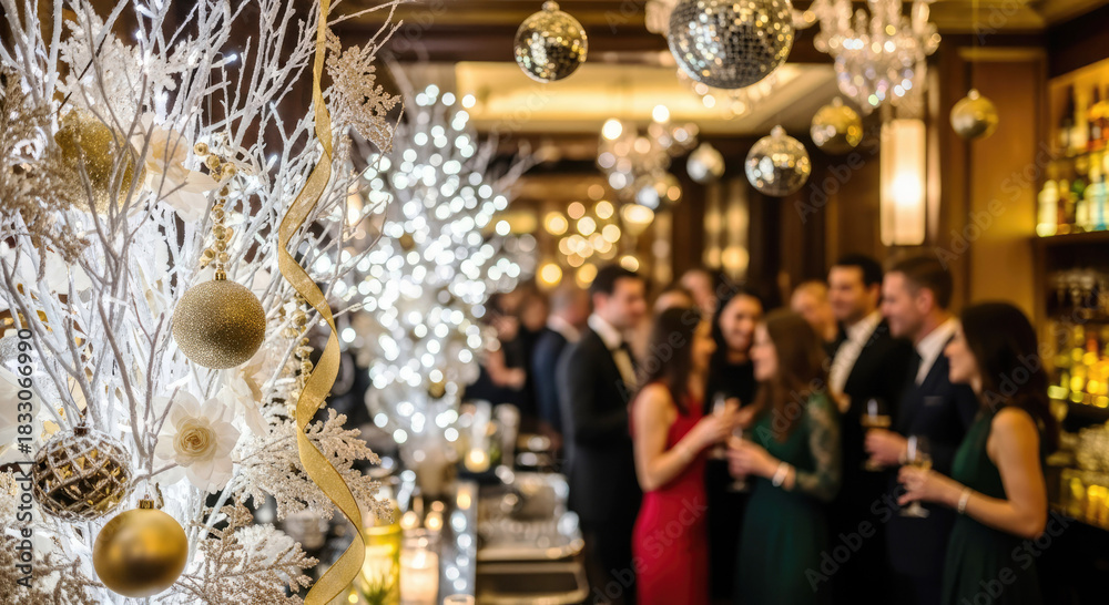 Obraz premium Luxurious Christmas bar setting featuring gold decor, hanging ornaments, and a group of defocused blurred elegantly dressed guests in a glamorous evening vibe. 
