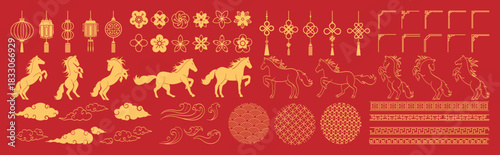 Chinese New Year 2026 vector illustration for Year of the Horse with gold line art horses, lanterns, lotus flowers, cloud symbols, geometric frames, round patterns and festive decorations. Suitable fo