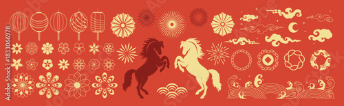 Chinese New Year 2026 vector illustration for Year of the Horse with gold line art horses, lanterns, lotus flowers, cloud symbols, geometric frames, round patterns and festive decorations. Suitable fo