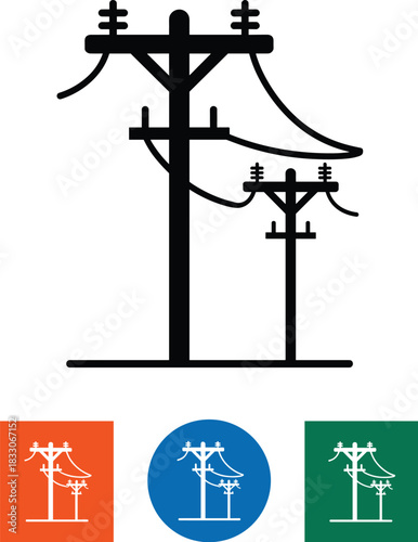 Black silhouette of a telephone pole with wires and three colored icon variations Keywords: telephone pole, wires, electricity