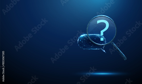 Chat bubble under a magnifying glass with question mark inside. User question analysis, query understanding, chatbot response, dialogue communication concept.