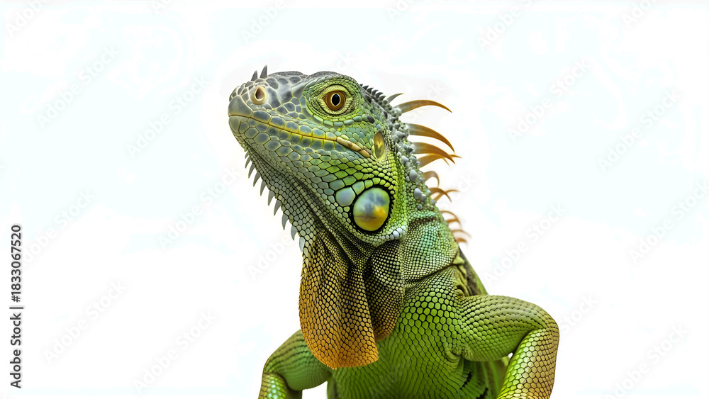 Obraz premium green iguana on a branch, Colorful Iguana Lying on White Background, Detailed Green Iguana Portrait for Stock Photography