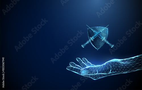 Two crossed syringes in front of a shield above an open hand. Healthcare protection, insulin injection, medical treatment, patient care concept.