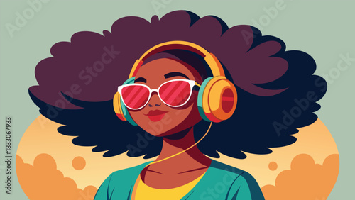 A vibrant illustration of a woman enjoying music with headphones and stylish red sunglasses