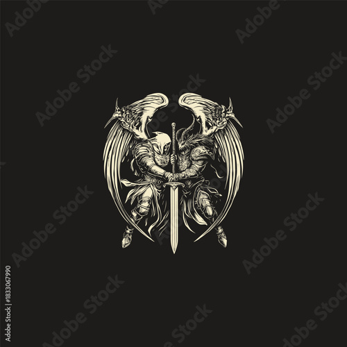 Vintage engraving illustration of a fierce winged warrior or knight holding a massive vertical sword, embodying the duality of light and darkness angel and demon