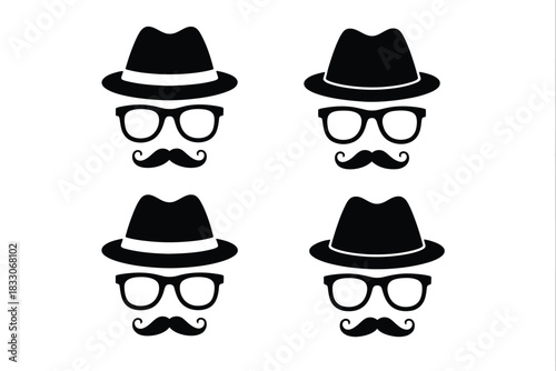 Gentleman icon set featuring a man with glasses, fedora hat, and mustache silhouette, ideal for anonymous profiles, incognito concepts, detective themes, spy graphics, and retro hipster face design